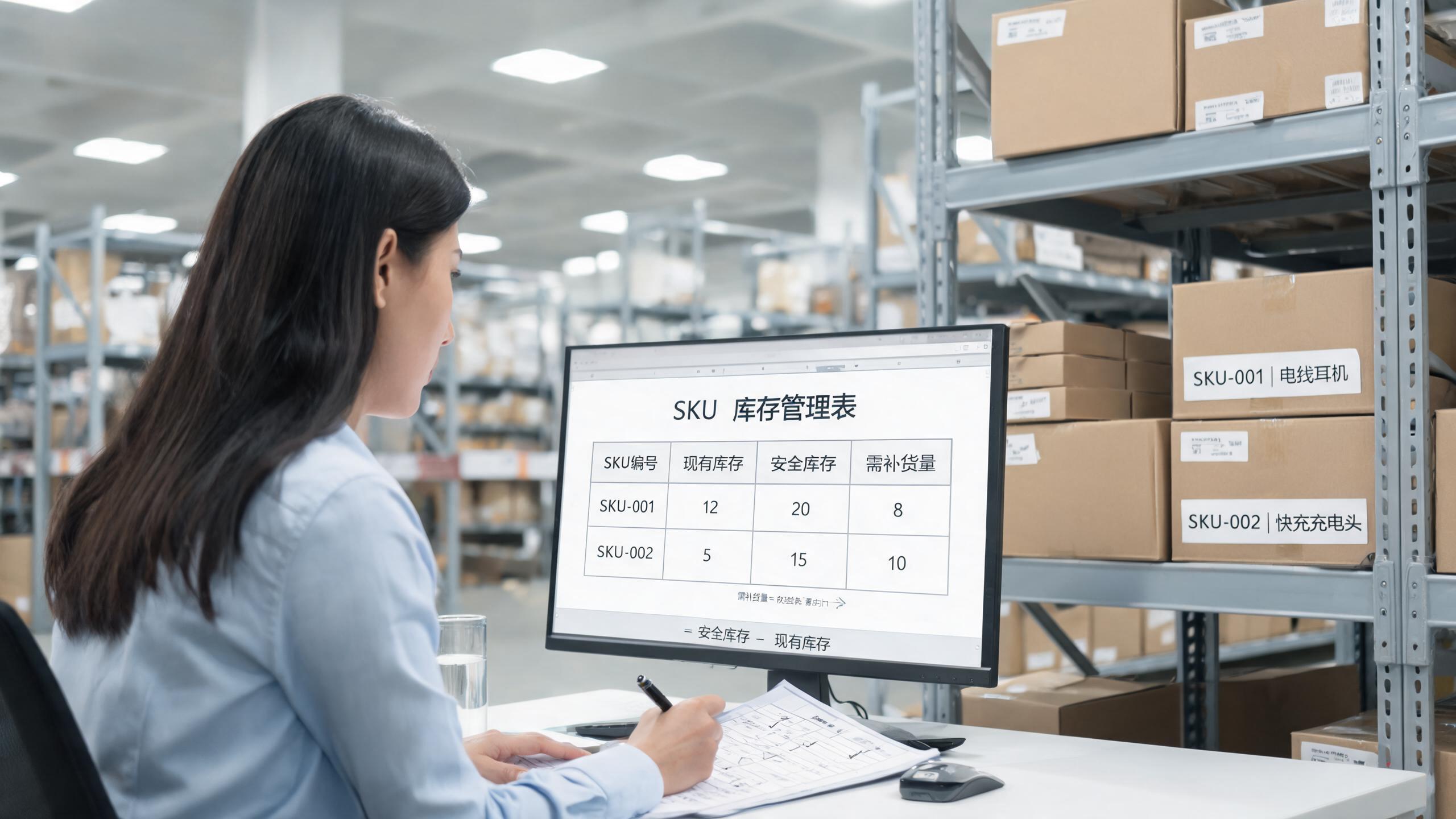 库存公式场景：屏幕展示SKU分级表格与动态补货计算公式面板