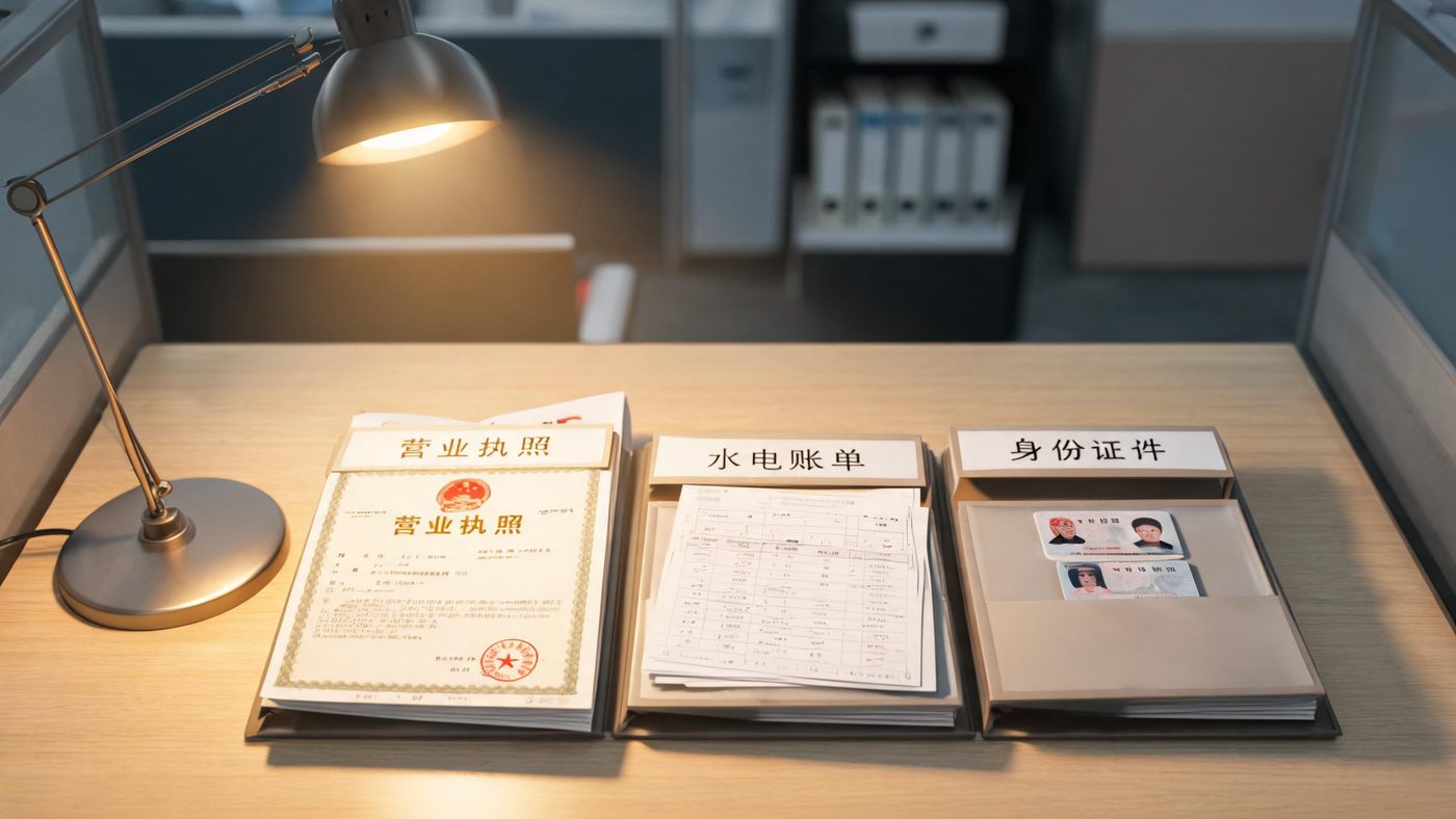 账户审核准备场景：桌面摆放整齐的营业执照、水电账单和身份证件