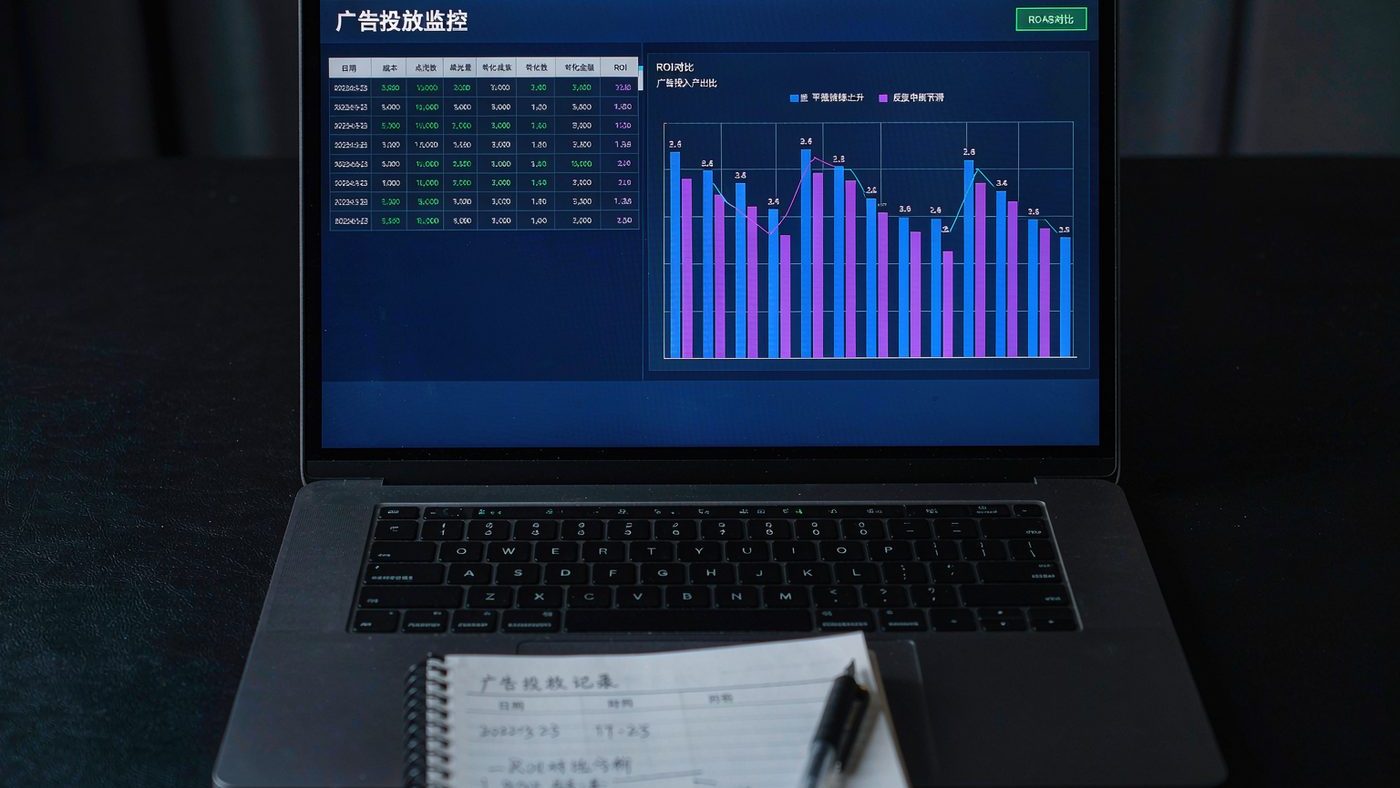 广告数据看板上两条 ROI 曲线：稳定账户持续上行，频繁被封的账户反复中断下滑