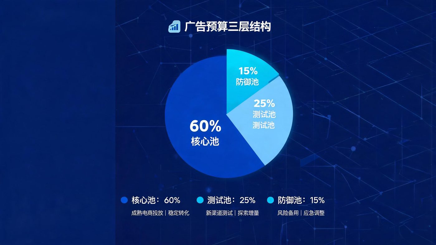 广告预算三层结构示意：60%核心池、25%测试池、15%防御池的资金分配