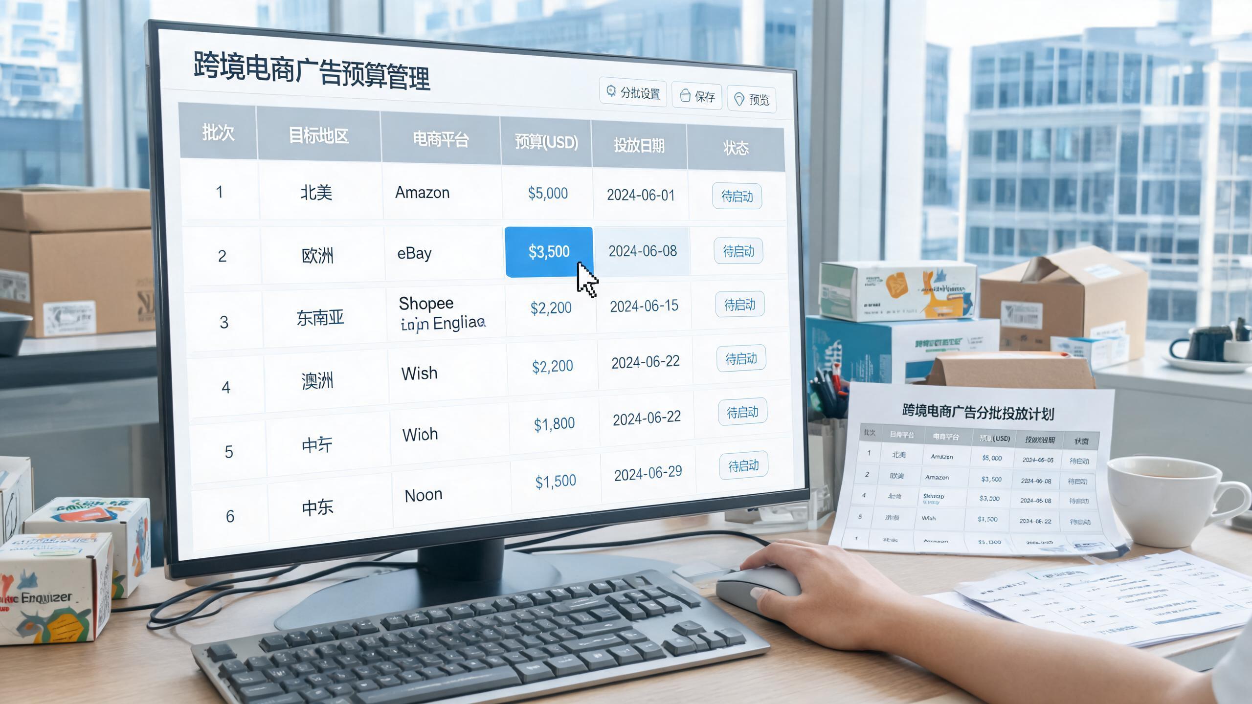 广告复核场景：屏幕上的预算表格与分批设置界面