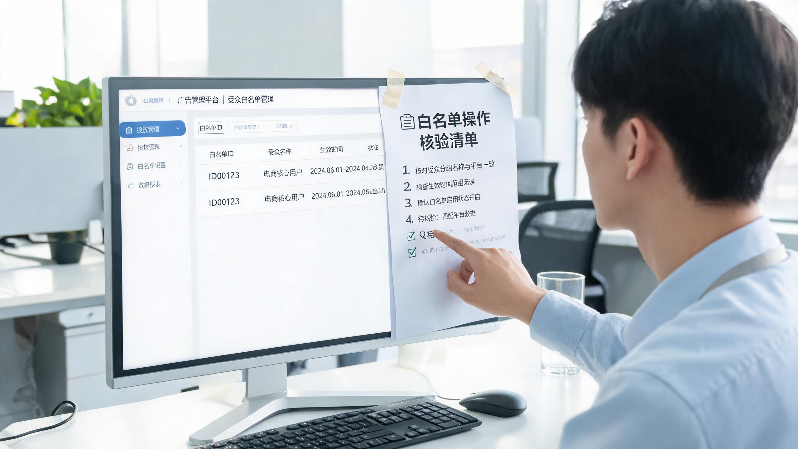 广告冻结边界场景：屏幕上的广告后台与一张白名单操作清单并排