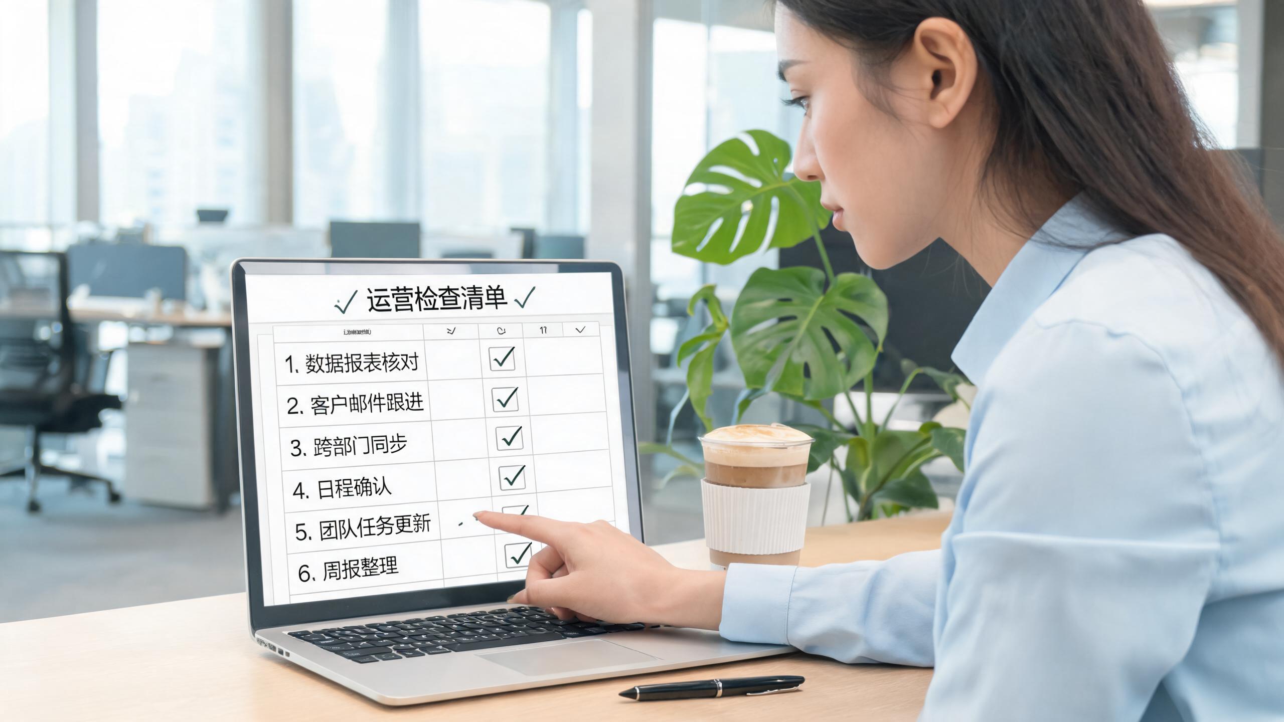 六件套检查场景：屏幕前的检查清单表格，六个项目逐一标注完成状态
