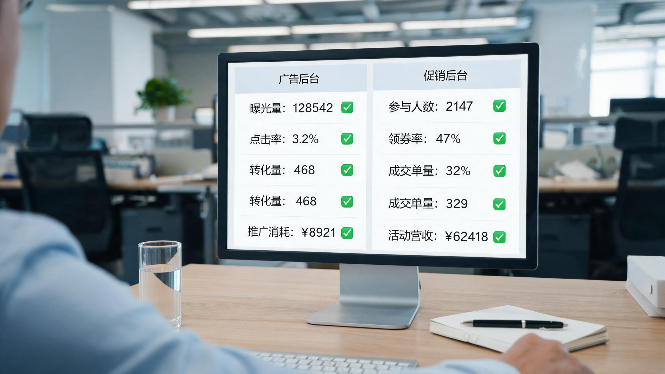 终检场景：屏幕上的广告与促销后台并排，各项标注绿勾
