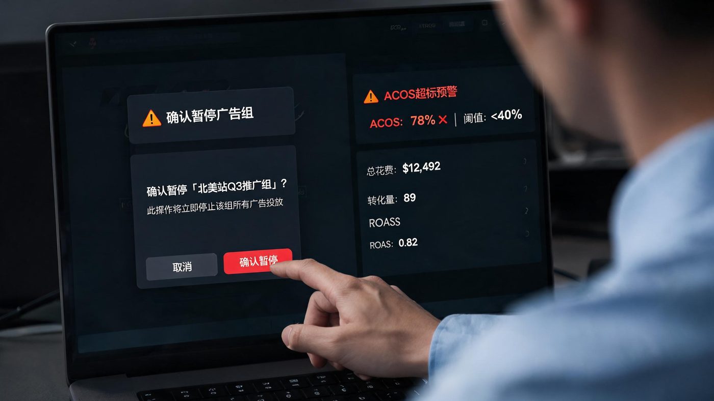 广告止损操作场景：屏幕显示暂停广告组的确认界面与风控指标面板