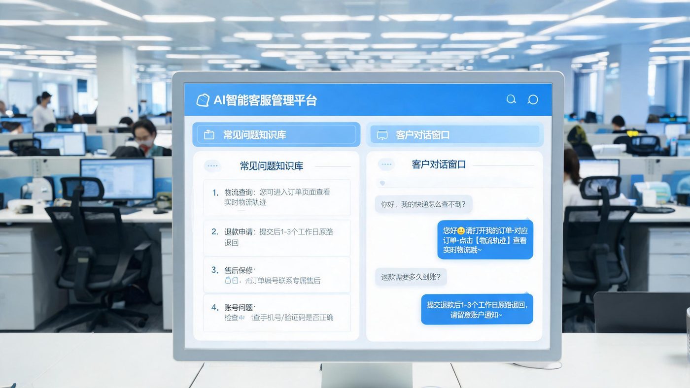 AI客服场景：电脑屏幕展示智能客服问答界面与常见问题知识库配置后台