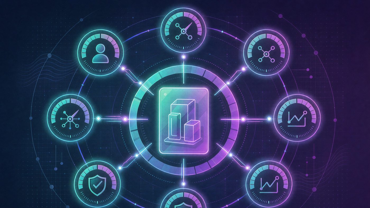 AI 选品评分模型：七维评分仪表环绕中心产品卡与数据输入线