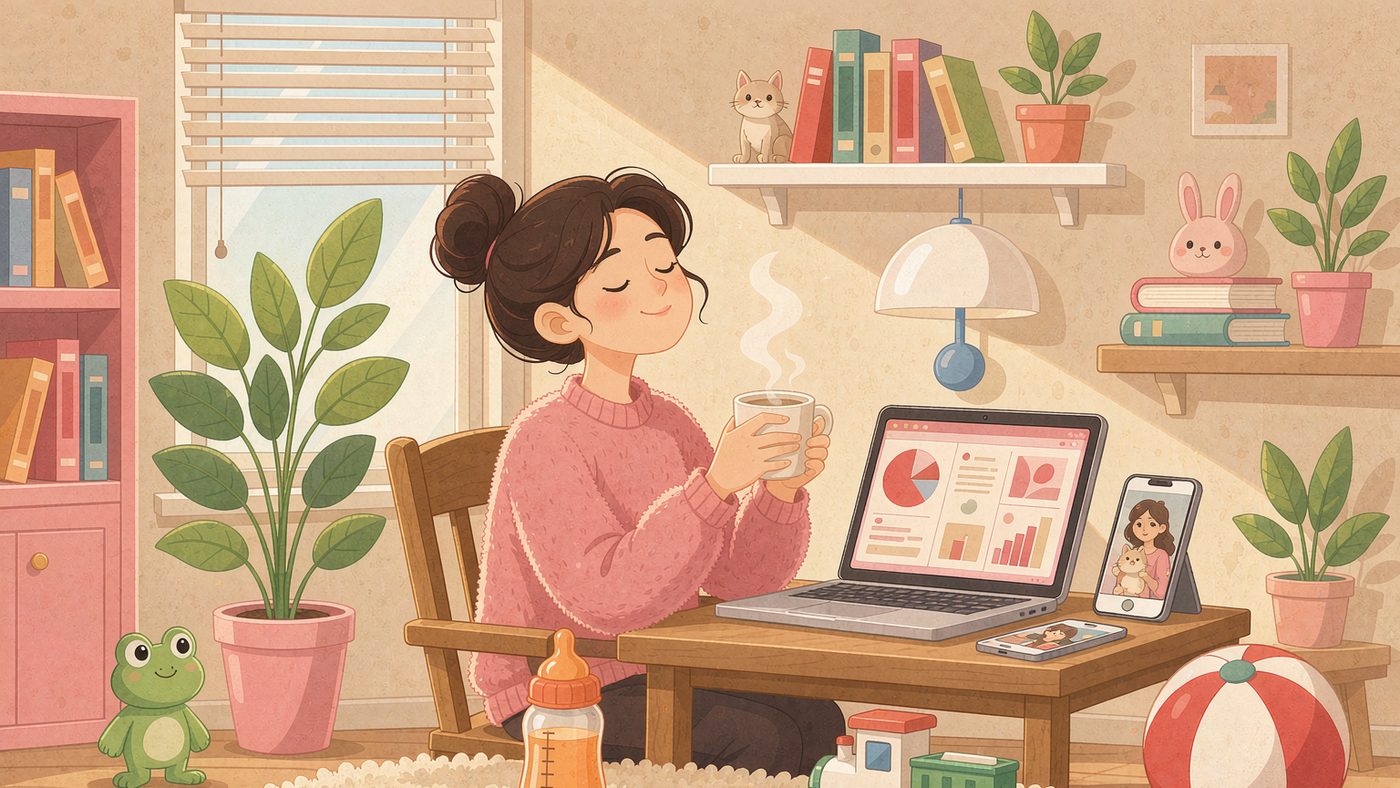 家中午休时间用笔记本做亚马逊的场景：旁边放着婴儿奶瓶与玩具