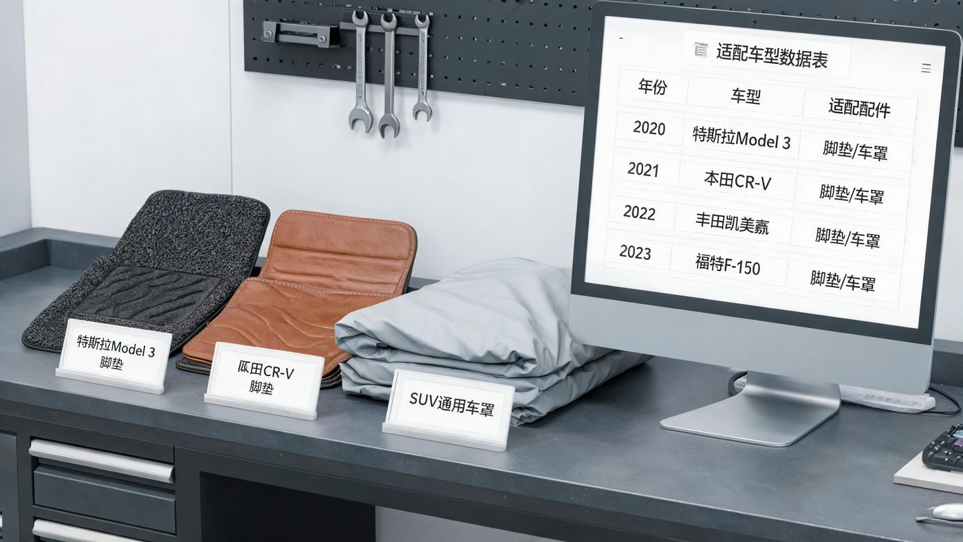 汽车配件场景：展示多种车型的脚垫、车罩等配件与适配车型数据表格