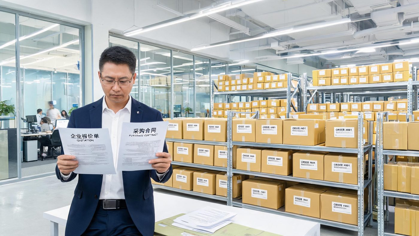 企业采购场景：仓库中批量打包的纸箱与办公桌上的企业报价单和采购合同