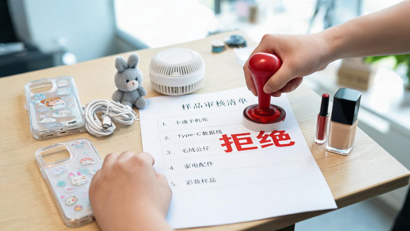 桌上摆着各种商品样品：手机壳、充电线、玩具，新手需要谨慎选择第一件产品