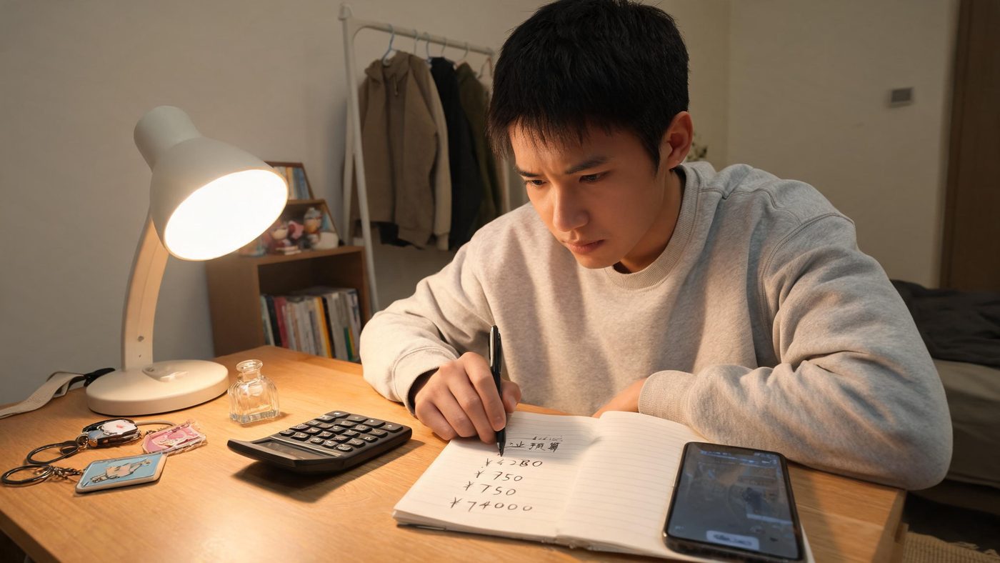 新手卖家在桌上规划启动资金：计算器、账本和商品样品
