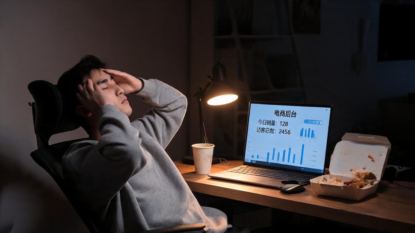 深夜的卖家办公桌：屏幕还亮着，人靠在椅背上揉着太阳穴