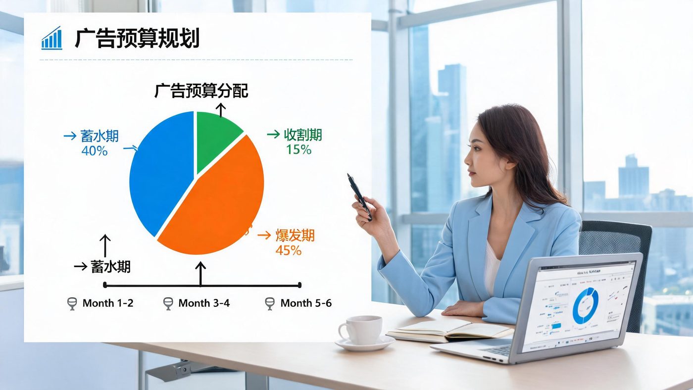 广告预算规划场景：图表展示三段式预算分配的饼状图与时间轴标注