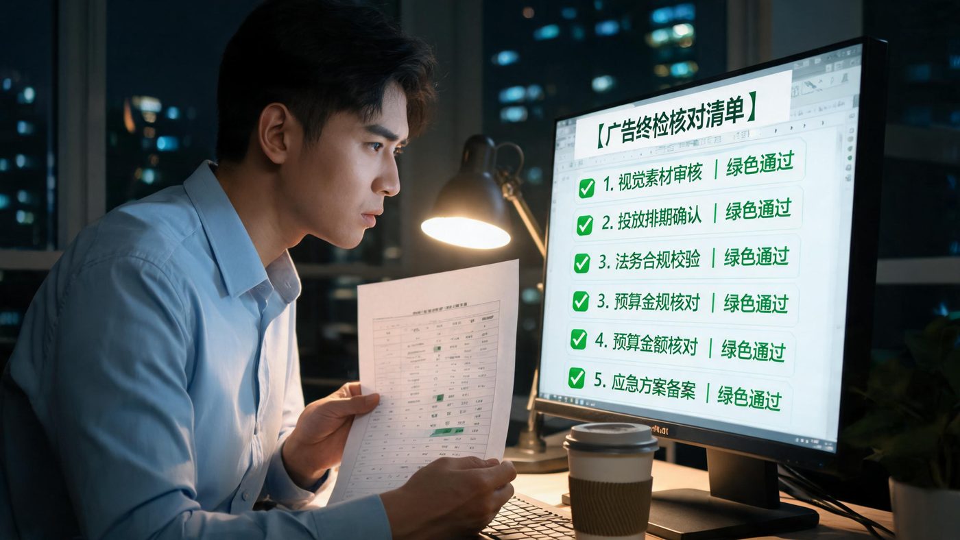 广告终检场景：屏幕展示广告活动清单与检查项打勾的核对界面