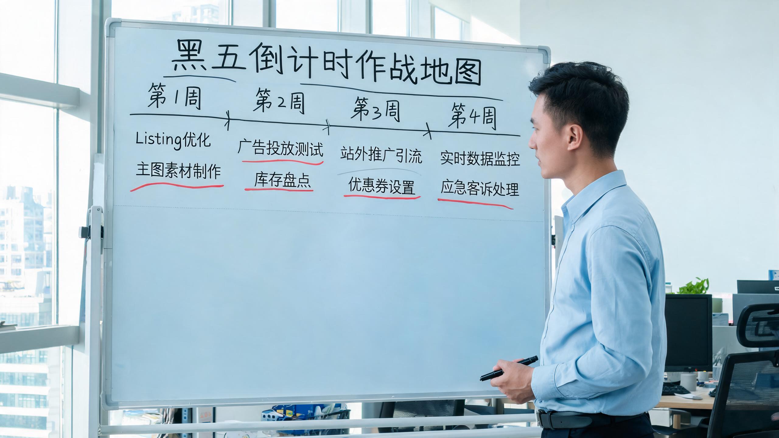 黑五倒计时作战地图：白板上4周的时间轴与各条线的每周动作安排
