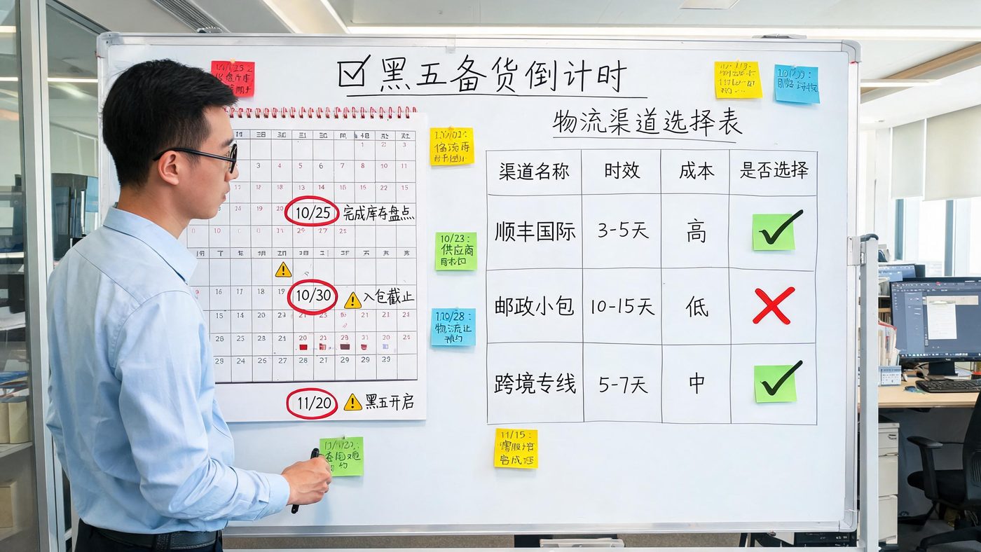 备货倒计时日历：白板上写满黑五备货的关键时间节点与物流渠道选择
