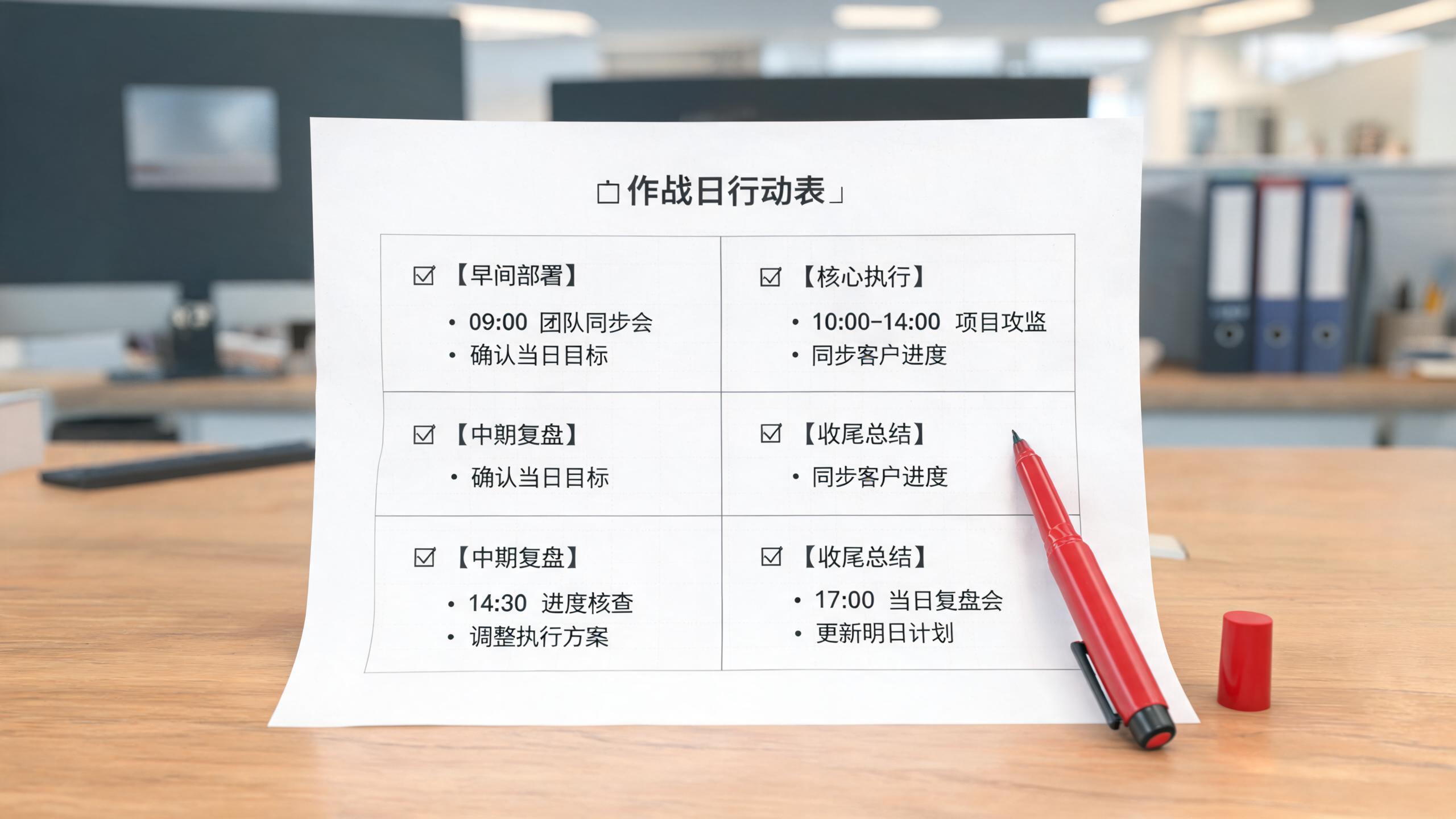 黑五当日场景：桌上的当日清单表，四块分区清晰