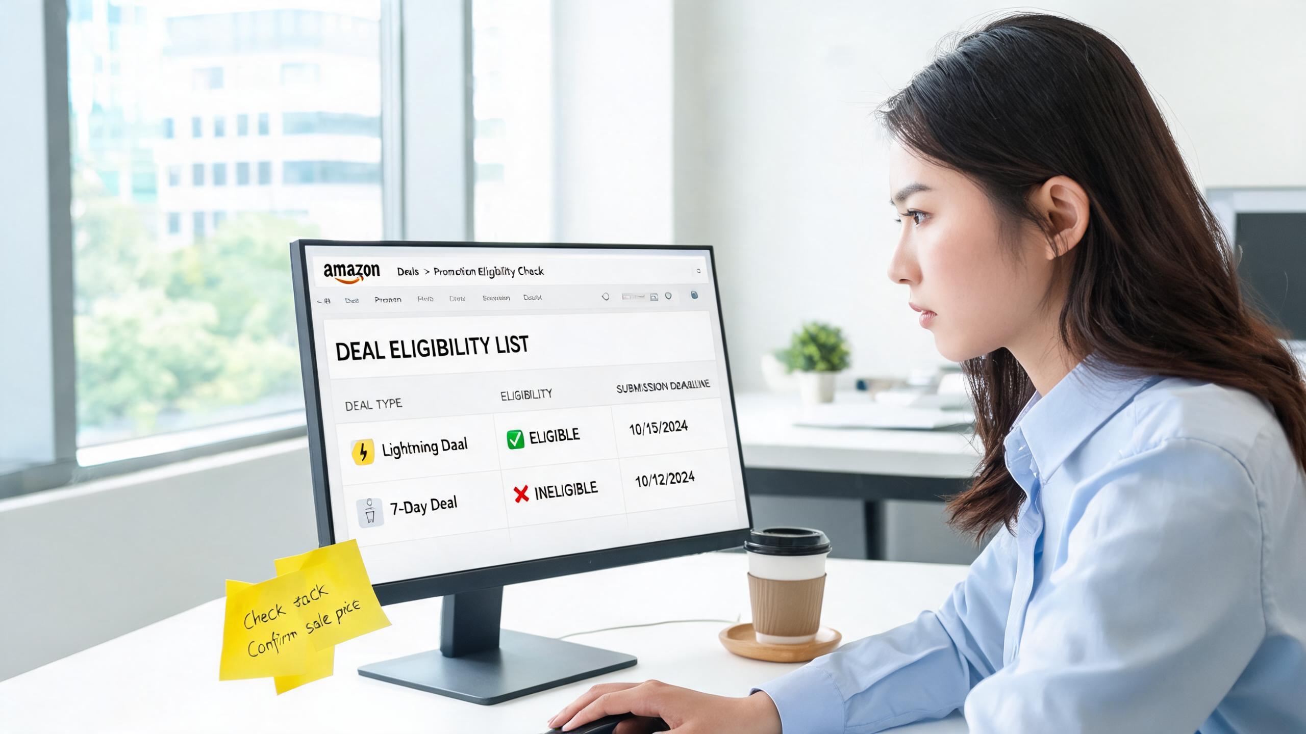 Deal提报确认场景：屏幕显示秒杀资格页面与各ASIN的截止日期列表
