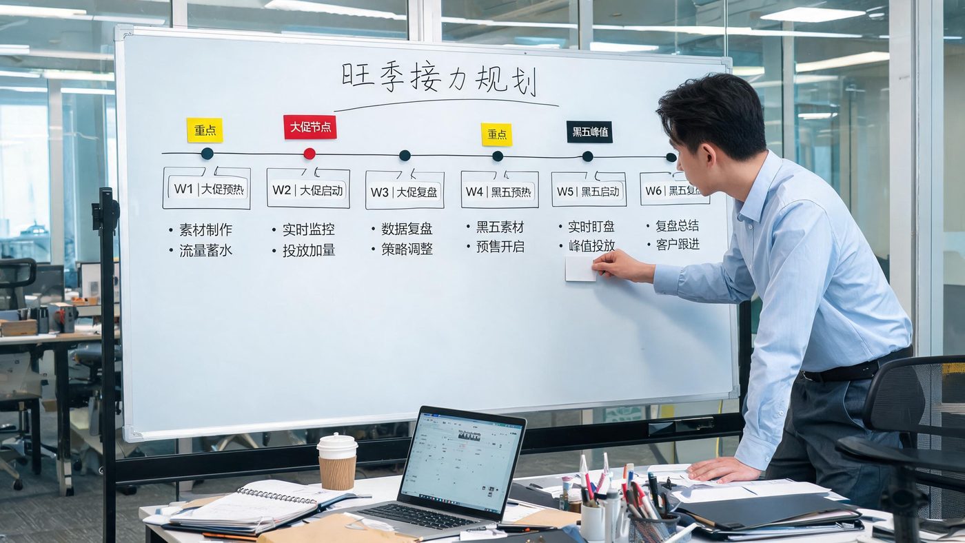 旺季接力规划场景：白板上画着从大促到黑五的周次时间轴与任务清单