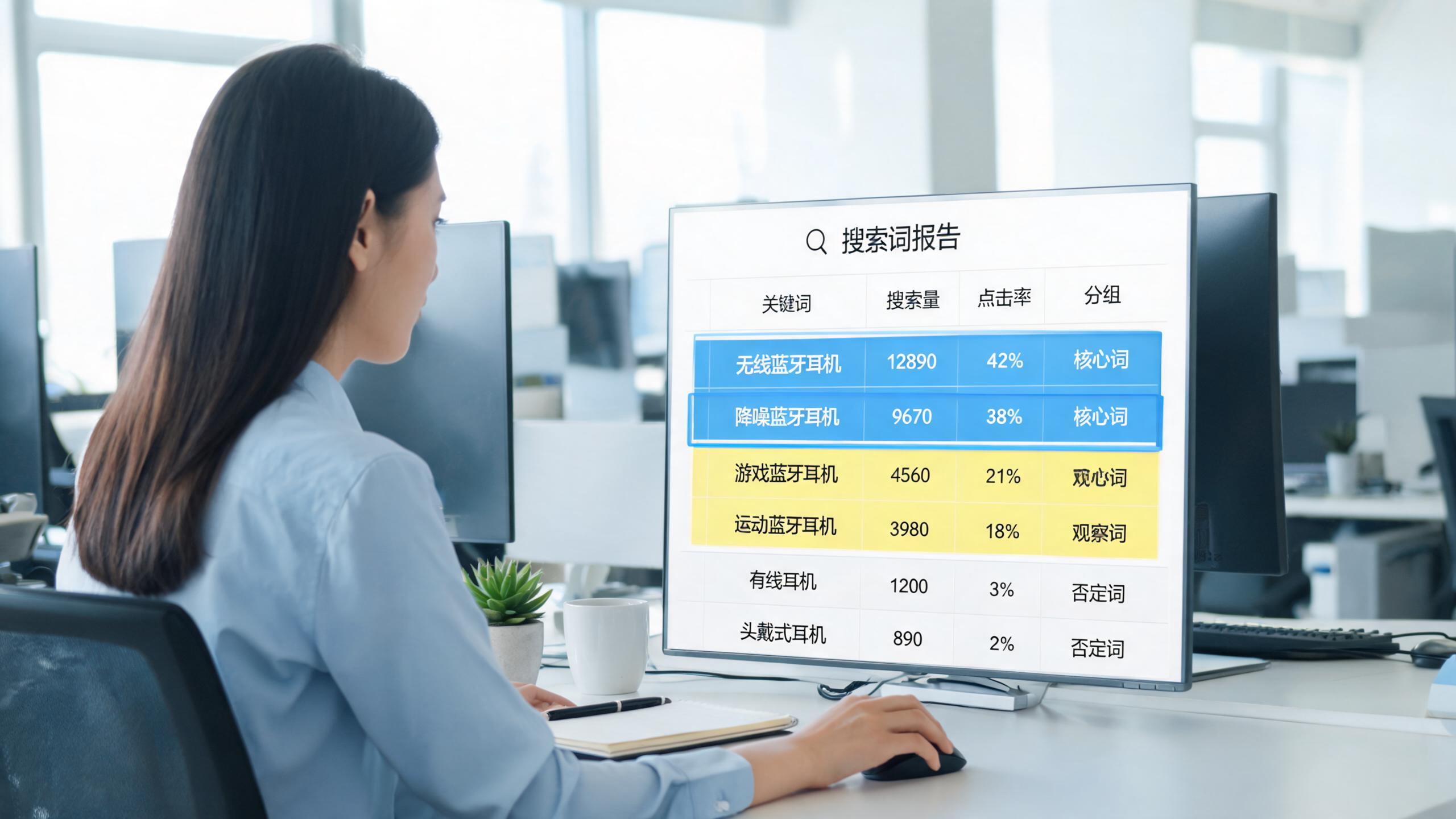 词表修订场景：屏幕上的搜索词报告表格与分组标注