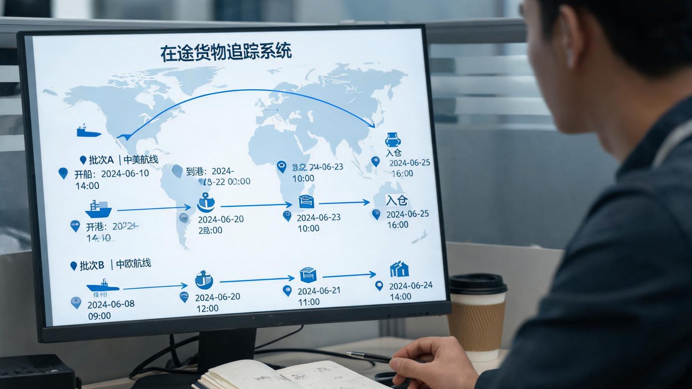 物流追踪场景：屏幕展示在途货物的船期节点与海外仓库存分布图