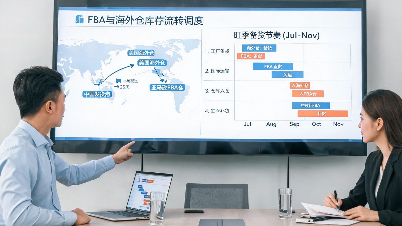 旺季物流调度场景：图表展示FBA与海外仓之间的库存流转节点与备货节奏