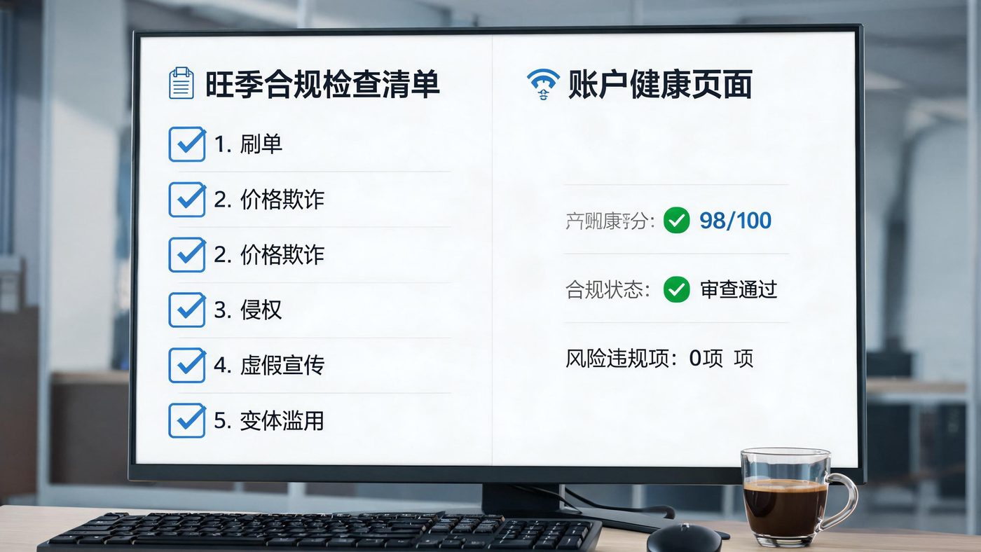 账户风控场景：屏幕展示账户健康面板与违规警示通知，旁边是合规检查清单