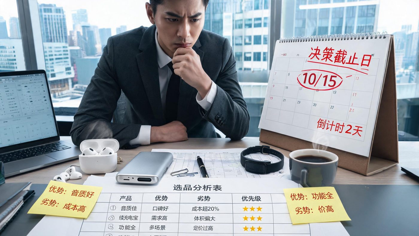 定品决策场景：办公桌上摊开的选品分析表、产品样品与倒计时日历