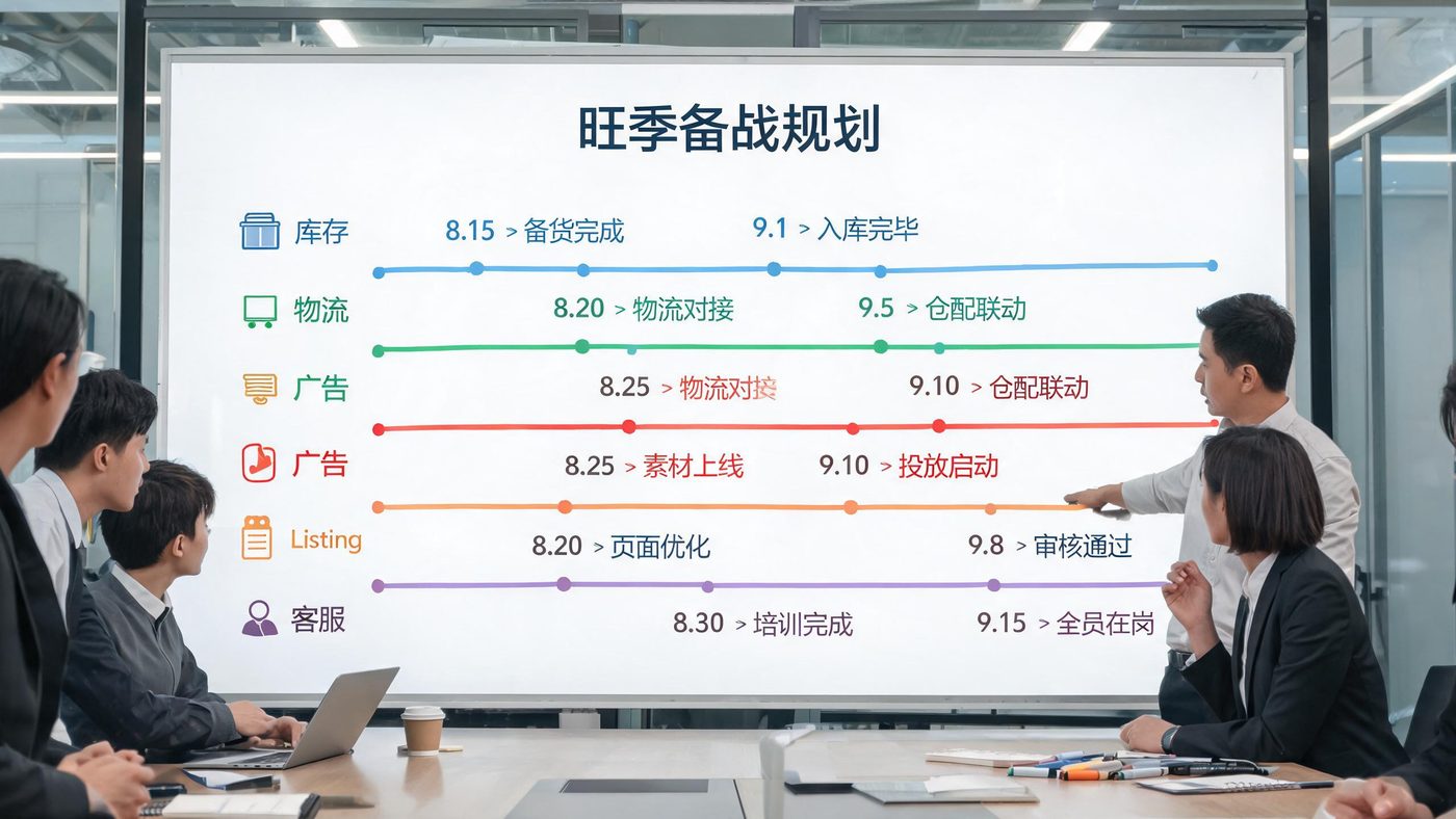 黑五备战规划场景：白板上画着五条并行的时间轴，分别标注库存、物流、广告、Listing、客服的deadline
