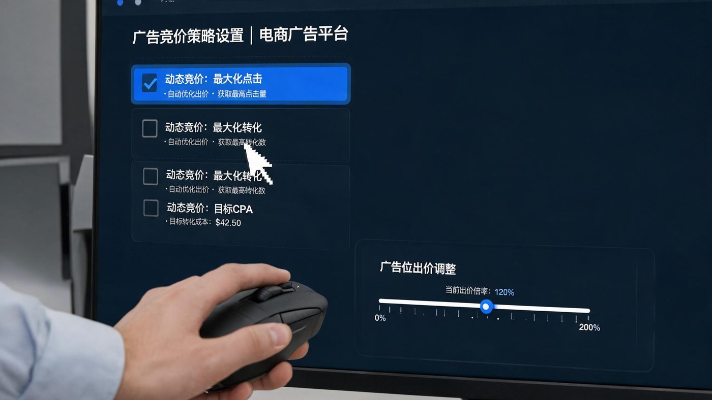 广告后台竞价策略设置界面：展示三种动态竞价选项与广告位出价调整滑块