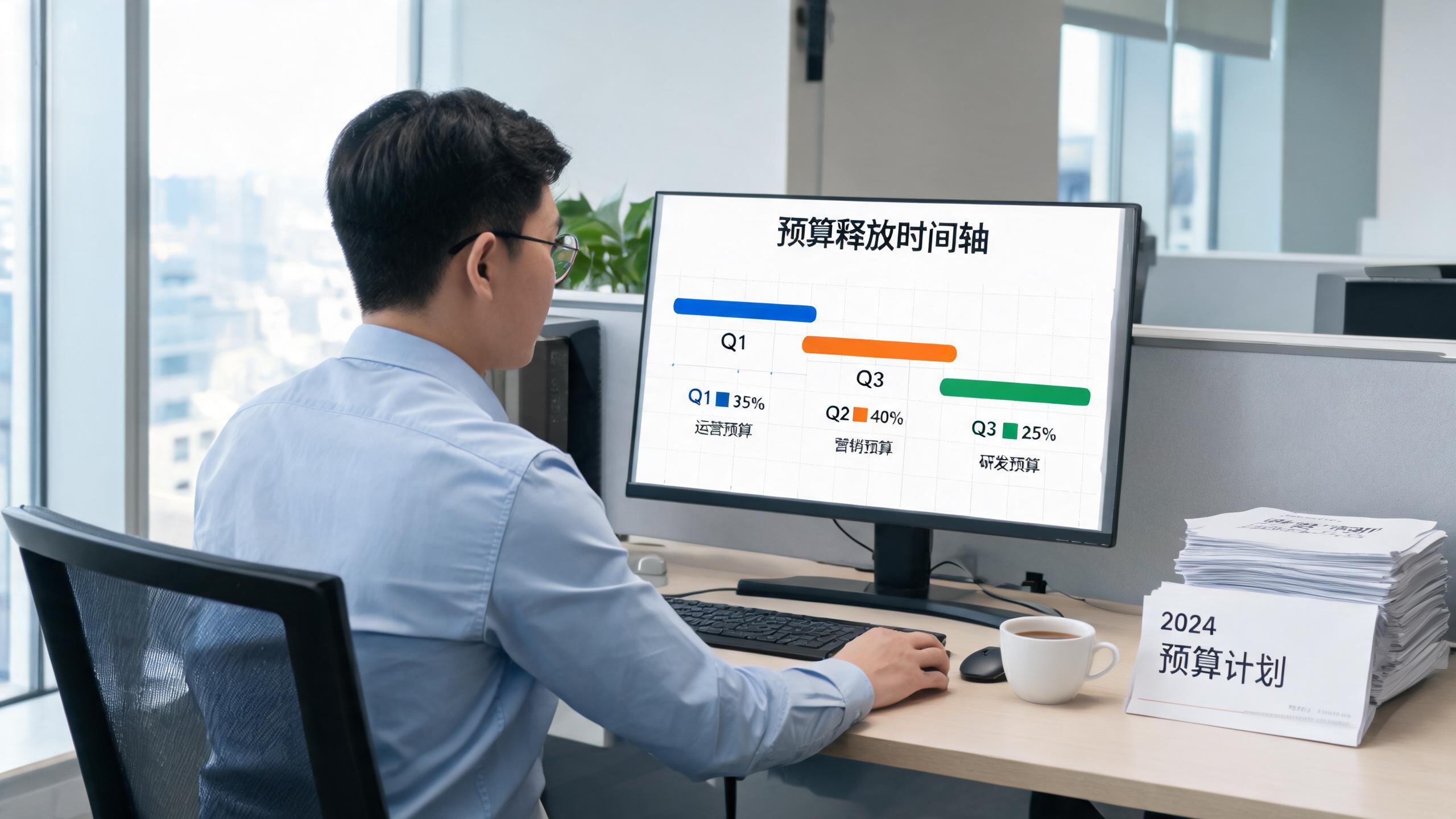 预算分批场景：屏幕上的预算释放时间轴图表，三段不同色块标注比例
