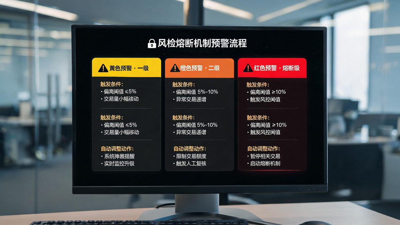 广告熔断机制示意图：三色预警级别的流程图与自动调整动作说明