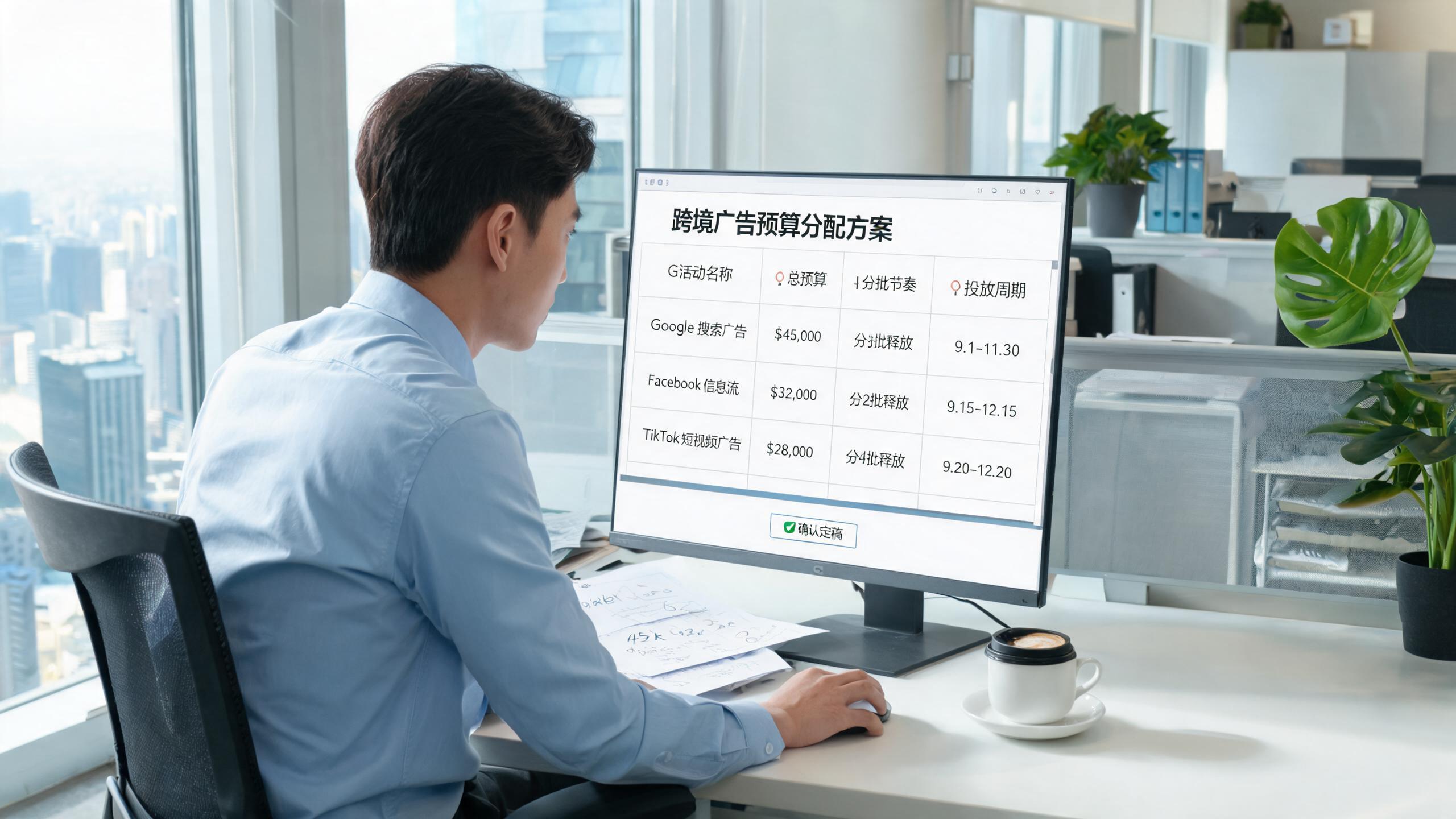 预算终稿场景：屏幕展示各广告活动的预算分配表与释放节奏配置