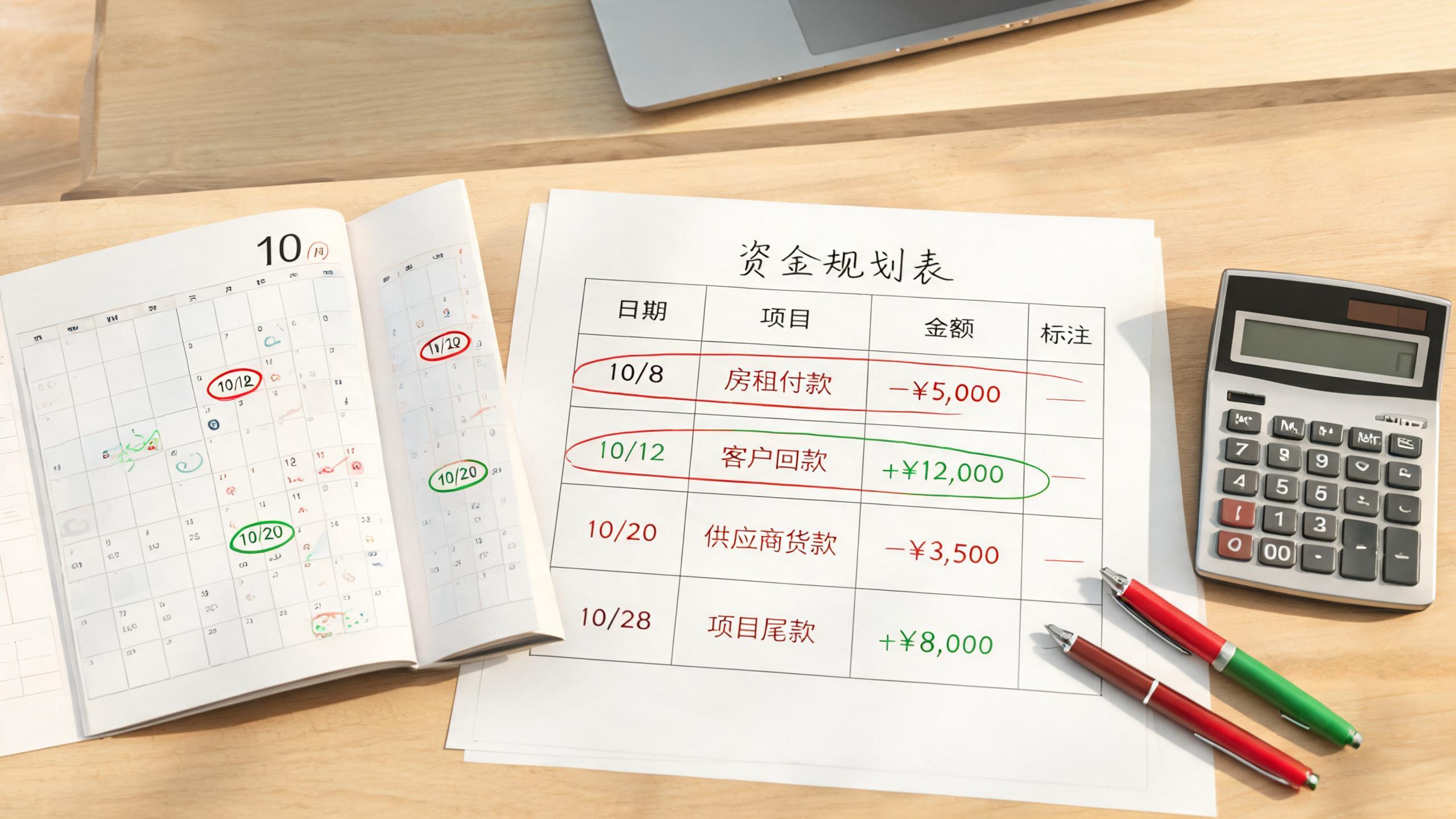 资金规划场景：桌上的日历与财务表格，付款节点和回款日期用不同颜色标注