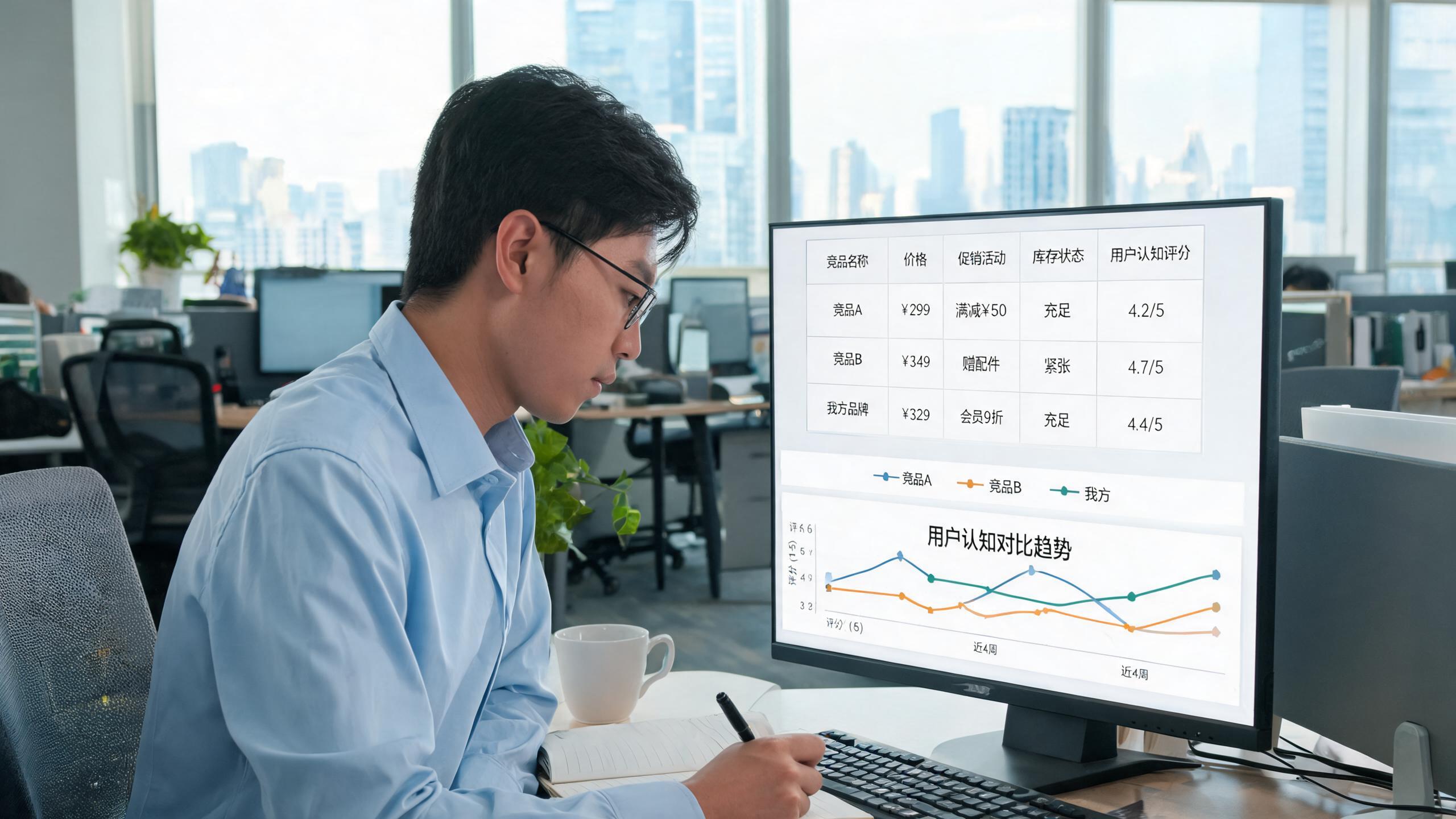 竞品监控场景：屏幕上的竞品监控表四栏数据与对比曲线