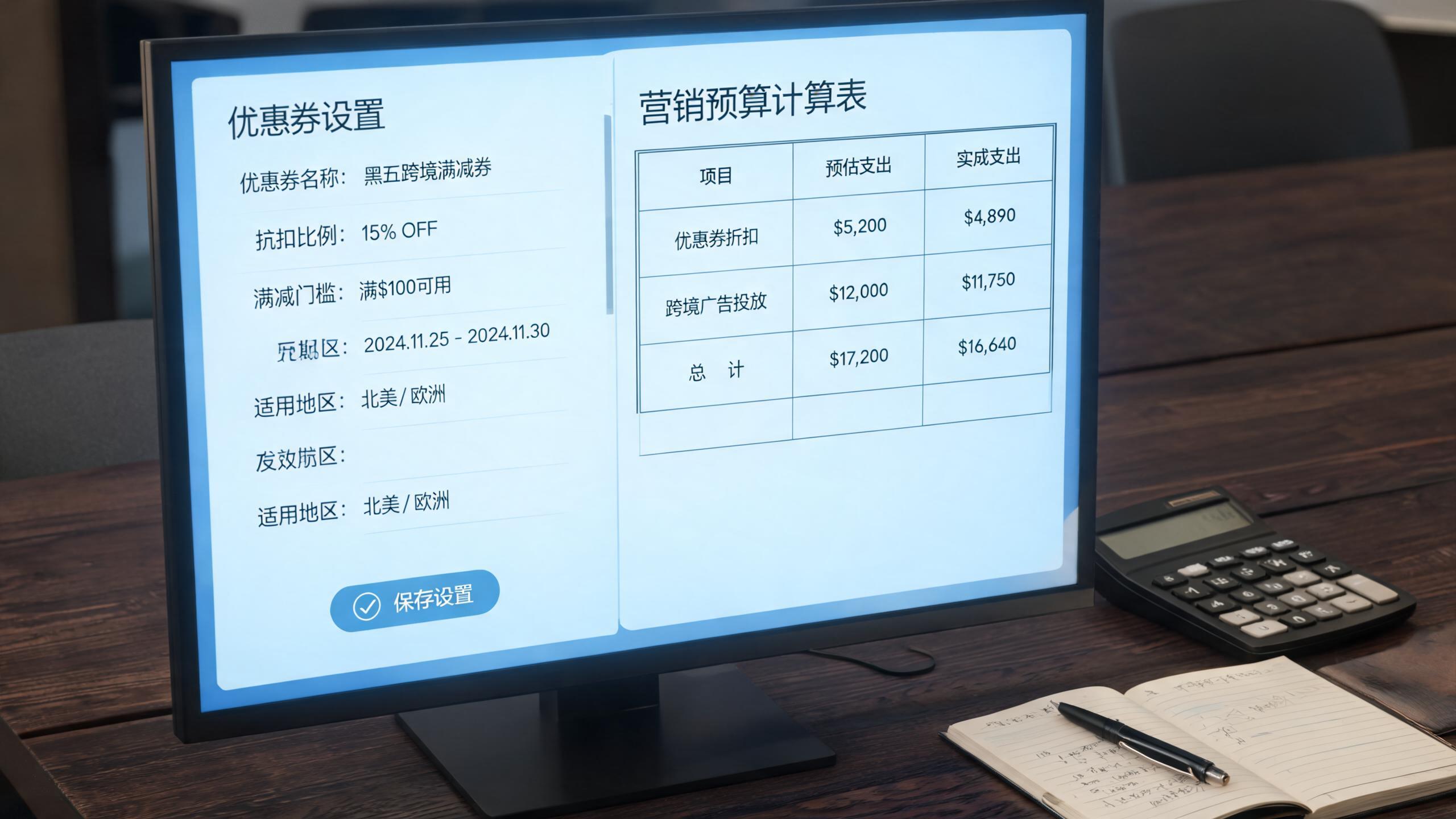 Coupon检查场景：屏幕上的优惠券设置界面与预算计算表格