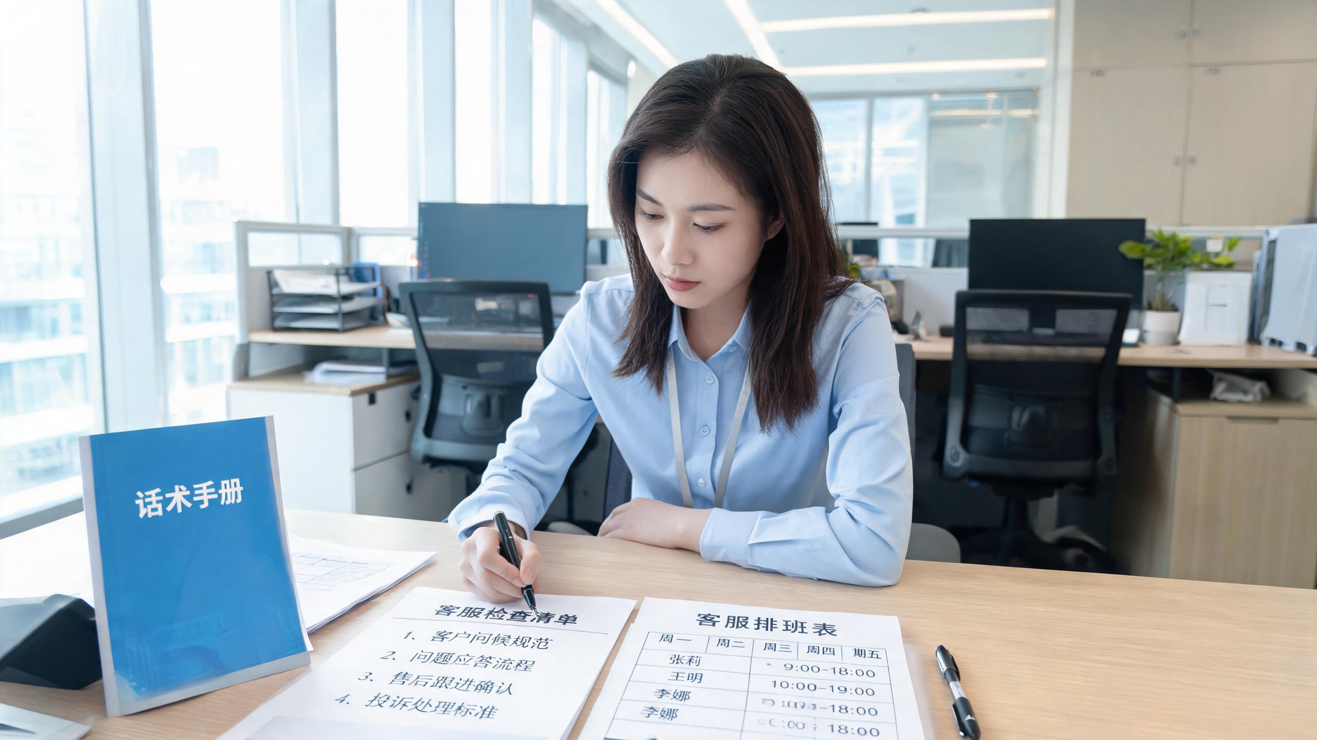 客服最终准备场景：桌上的话术手册与打印的检查清单，旁边是客服排班表