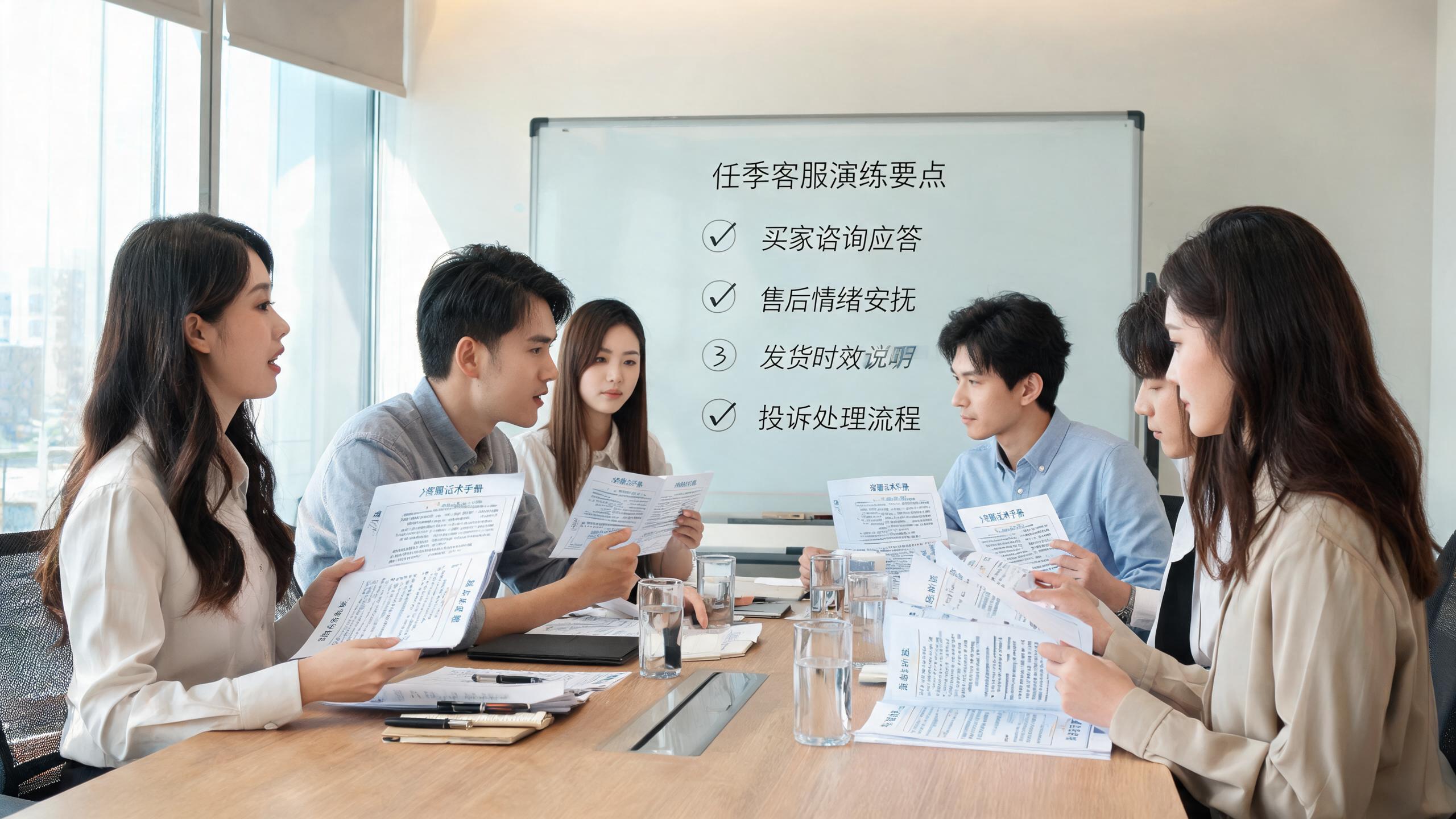 客服演练场景：团队围坐模拟旺季问询应答，话术手册摊在桌上