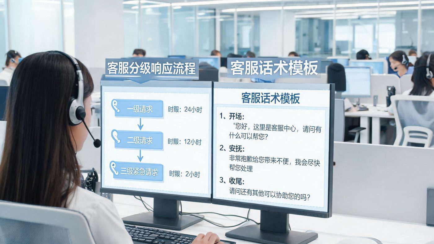 客服SOP场景：电脑屏幕展示分级响应流程图与客服话术模板文档