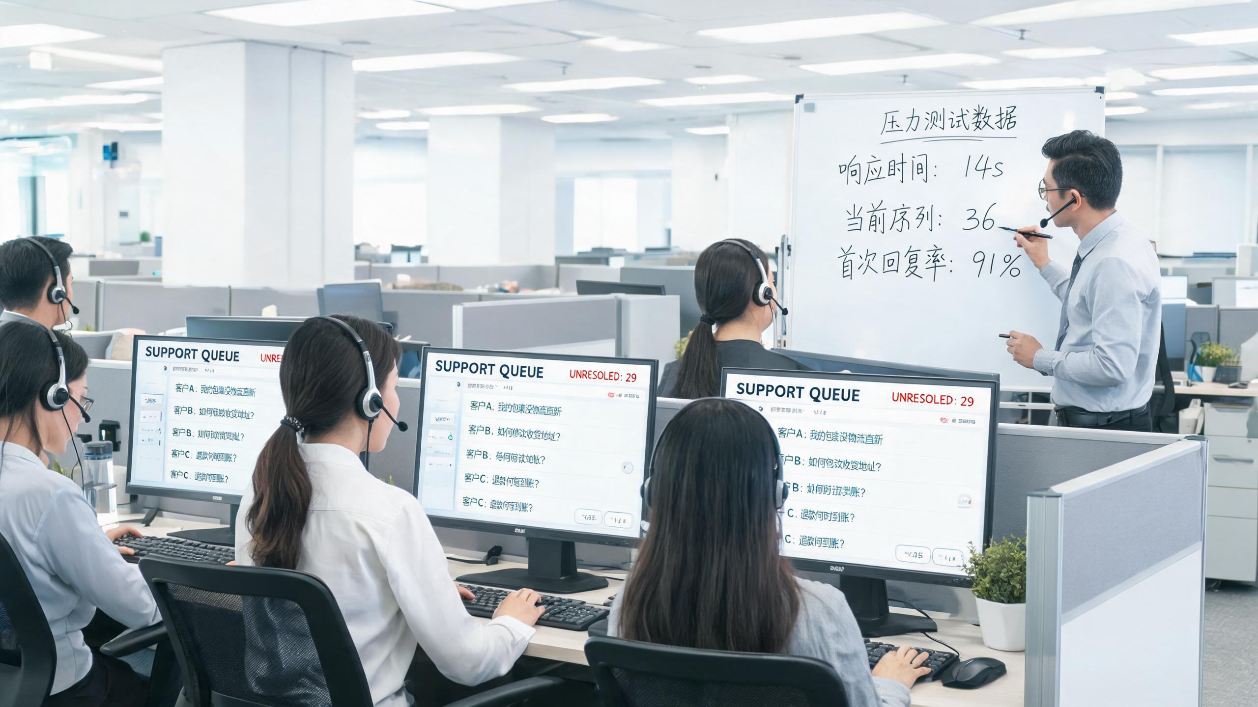 客服压力测试场景：团队在电脑前模拟处理涌入的买家消息流