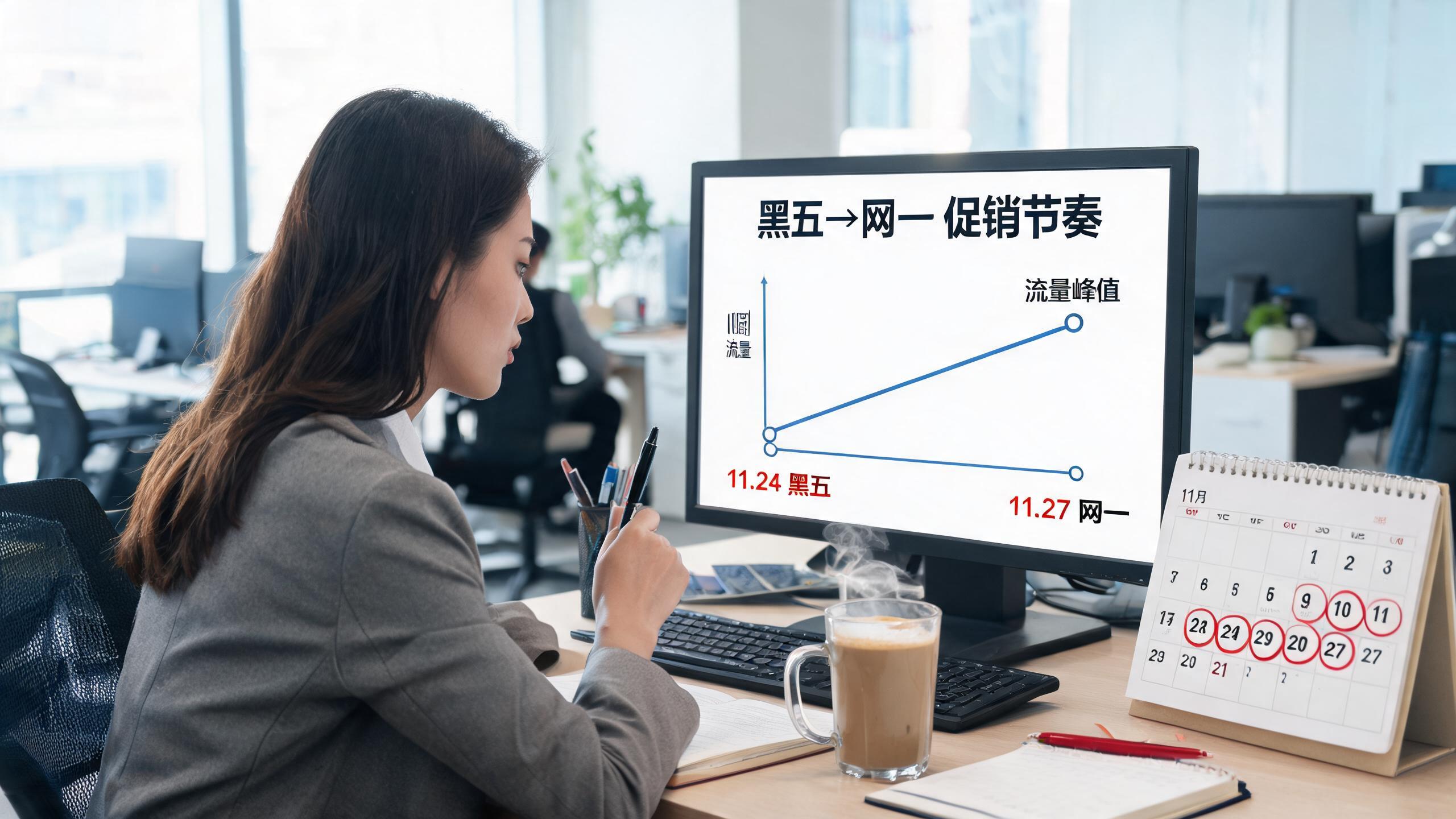 网一准备场景：日历上黑五到网一的时间轴，旁边是流量与库存的示意图