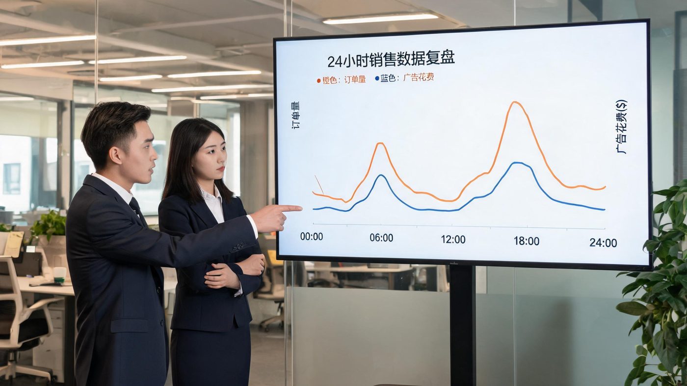 24小时销售数据曲线图：展示大促当天分时段的订单量与广告花费走势