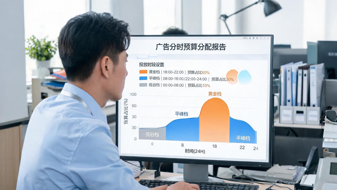 分时预算场景：屏幕展示分时段预算分配曲线图与广告投放时段设置界面
