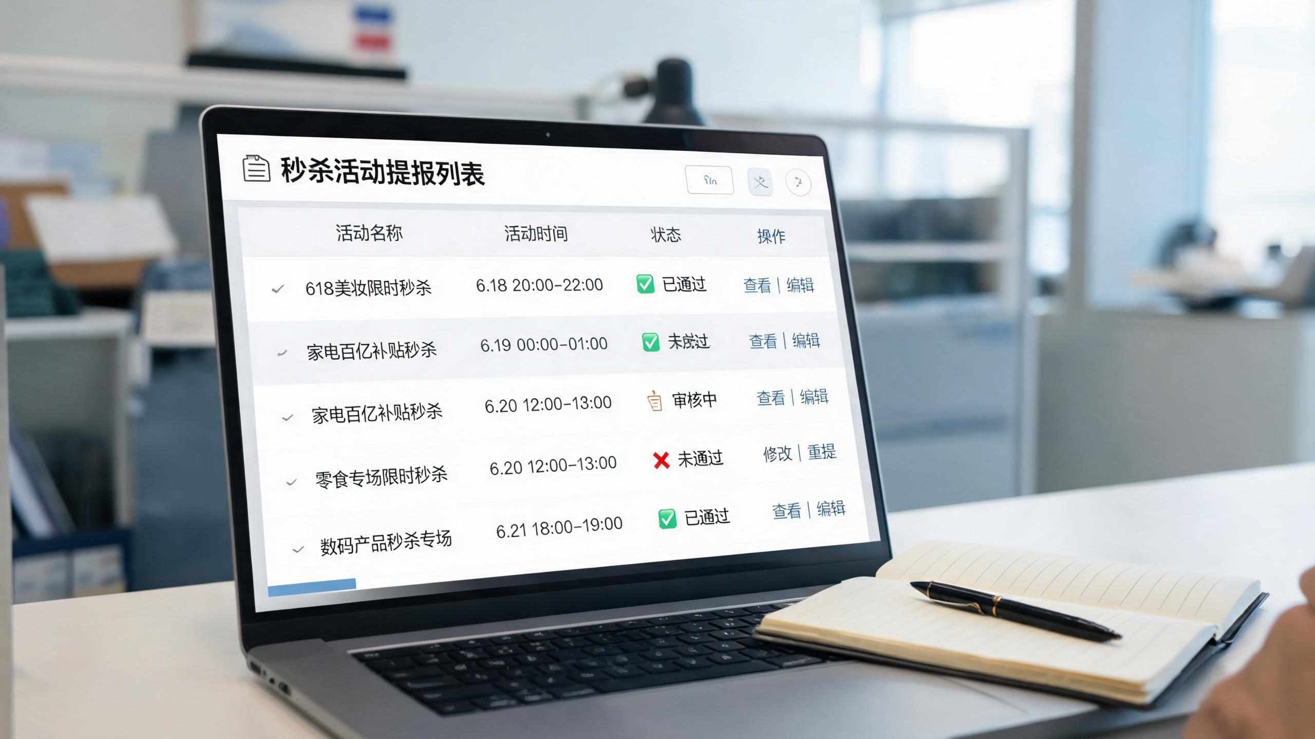 秒杀复核场景：屏幕上的秒杀提报列表，各状态标注清晰