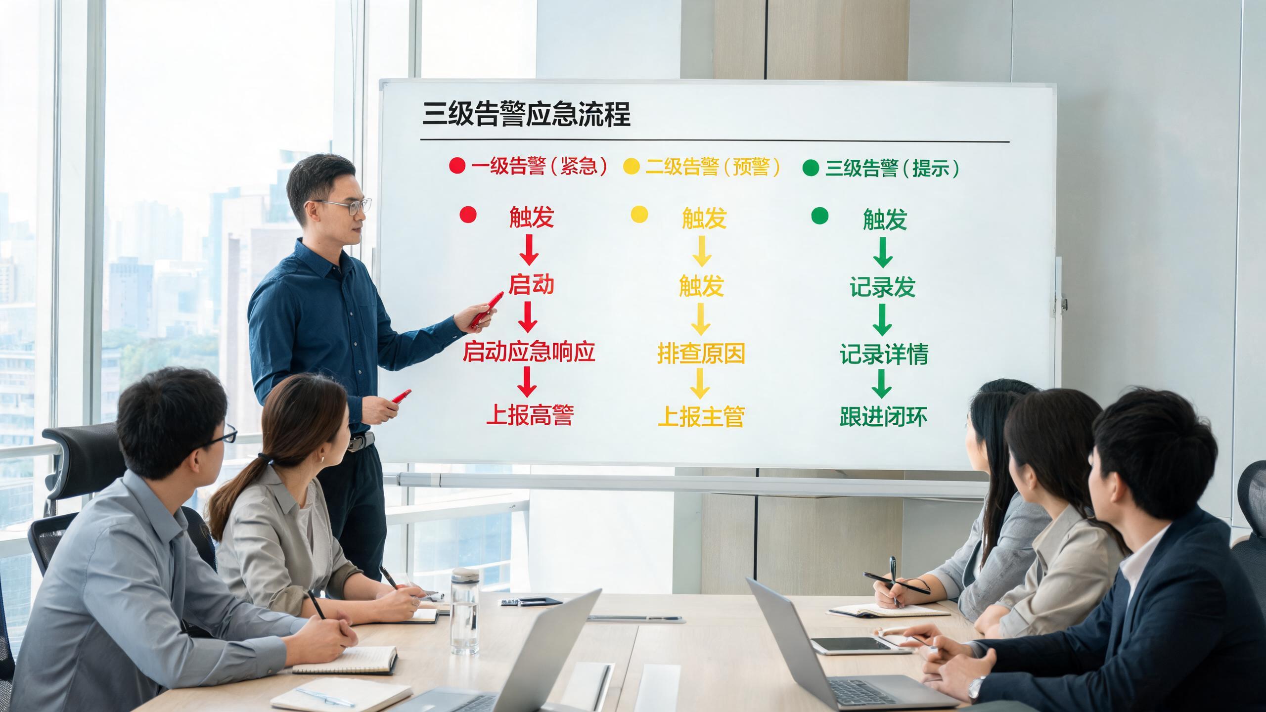应急响应场景：白板上的三级告警流程图，红黄绿三色路径清晰