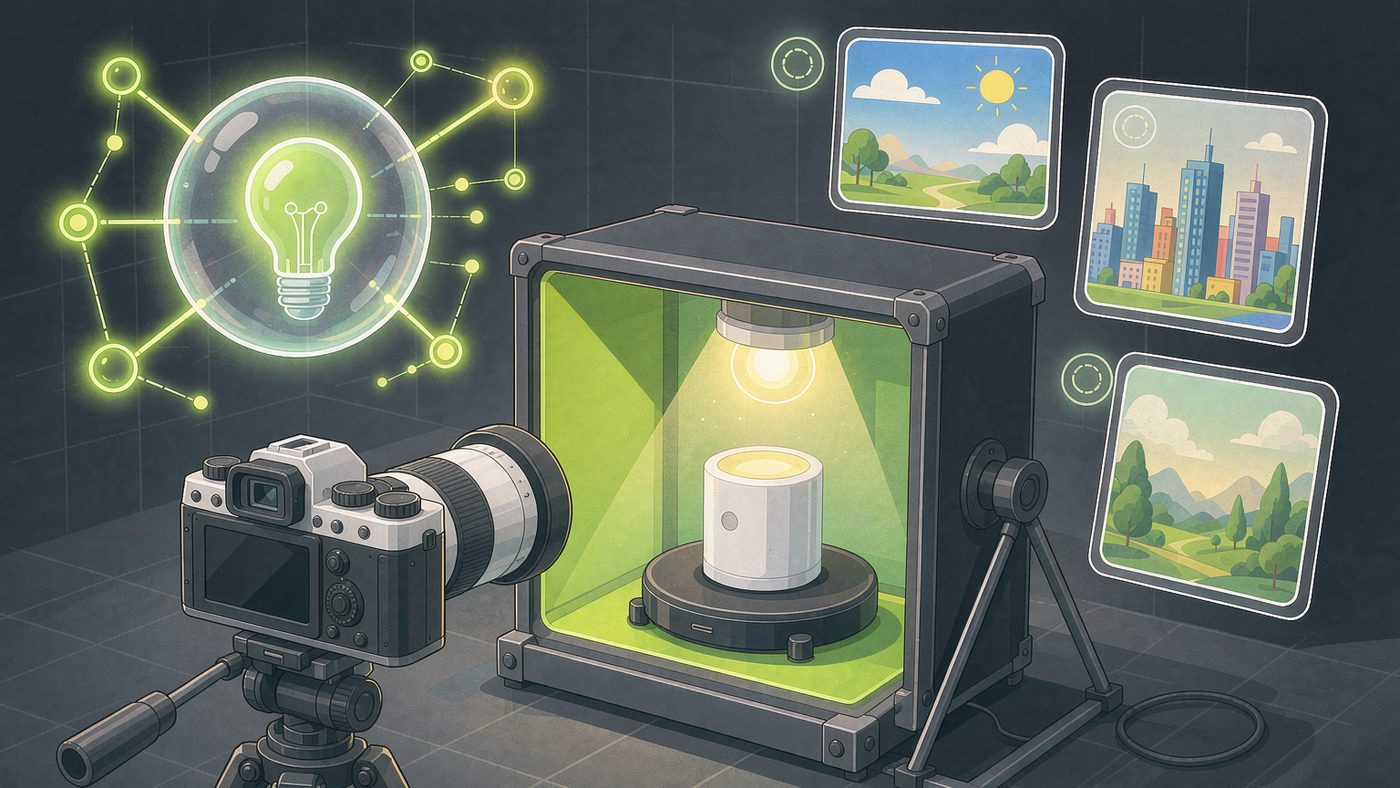 AI product photography: light box, camera linked to an AI node, background variants