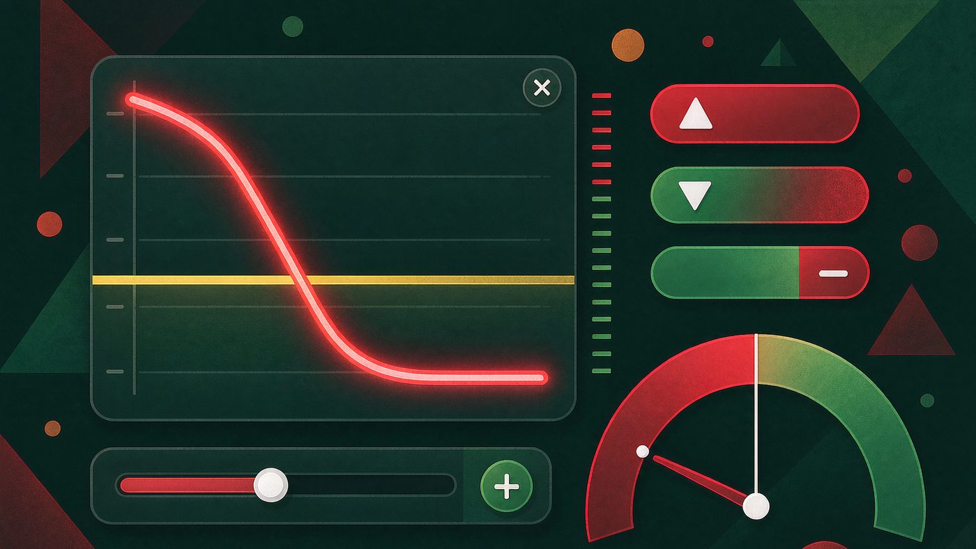 Campaign tuning: falling cost curve crossing the profit threshold, sliders and gauges
