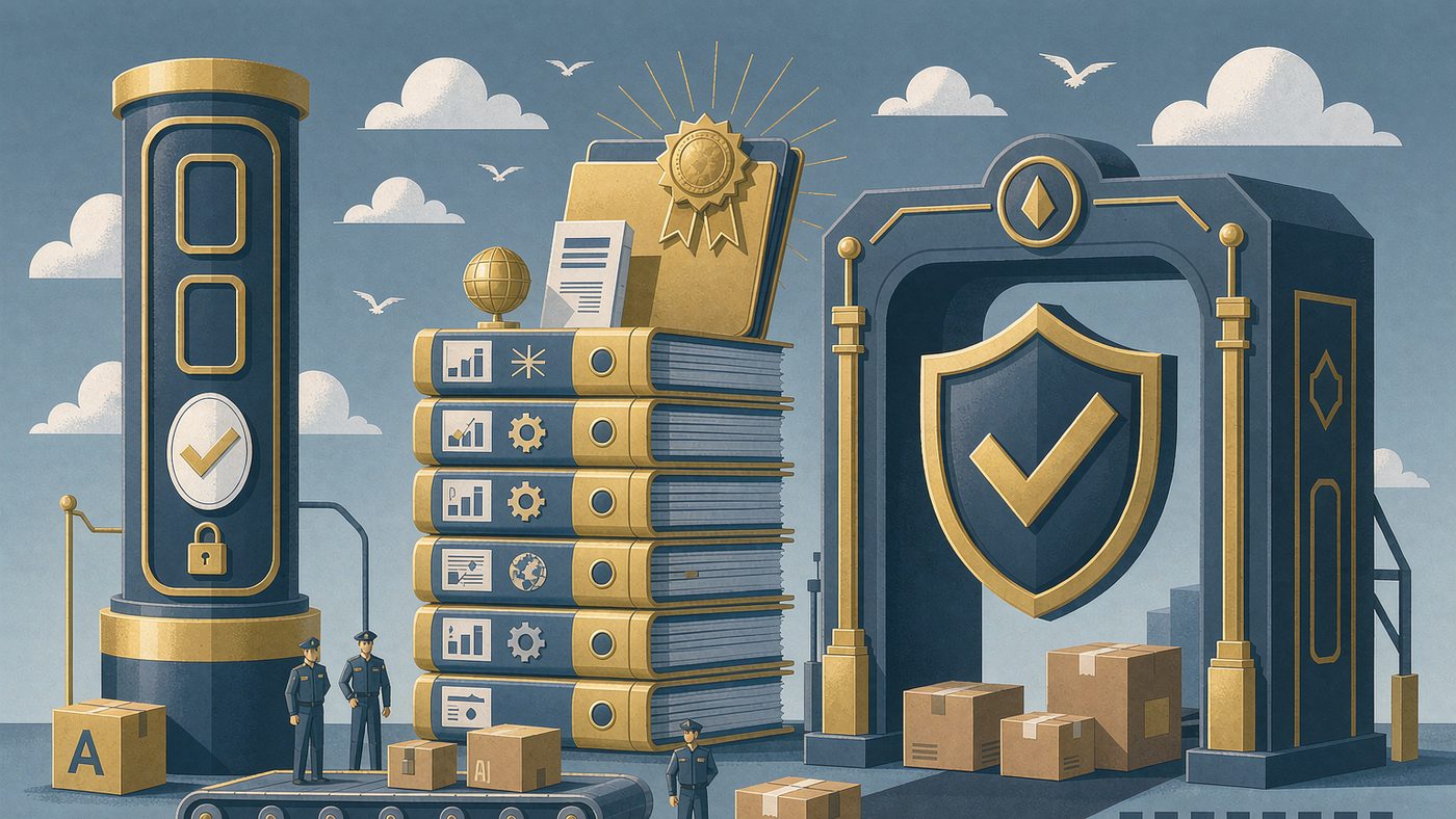 Compliance checkpoint: certificates, a customs gate, shield and approval stamp