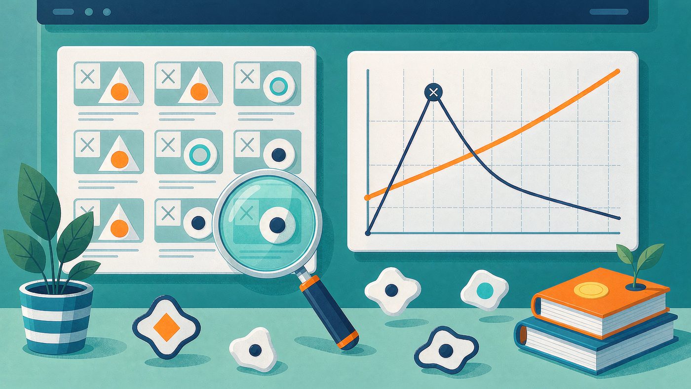 Product research analysis: candidate matrix, demand and competition curves, magnifier over one row